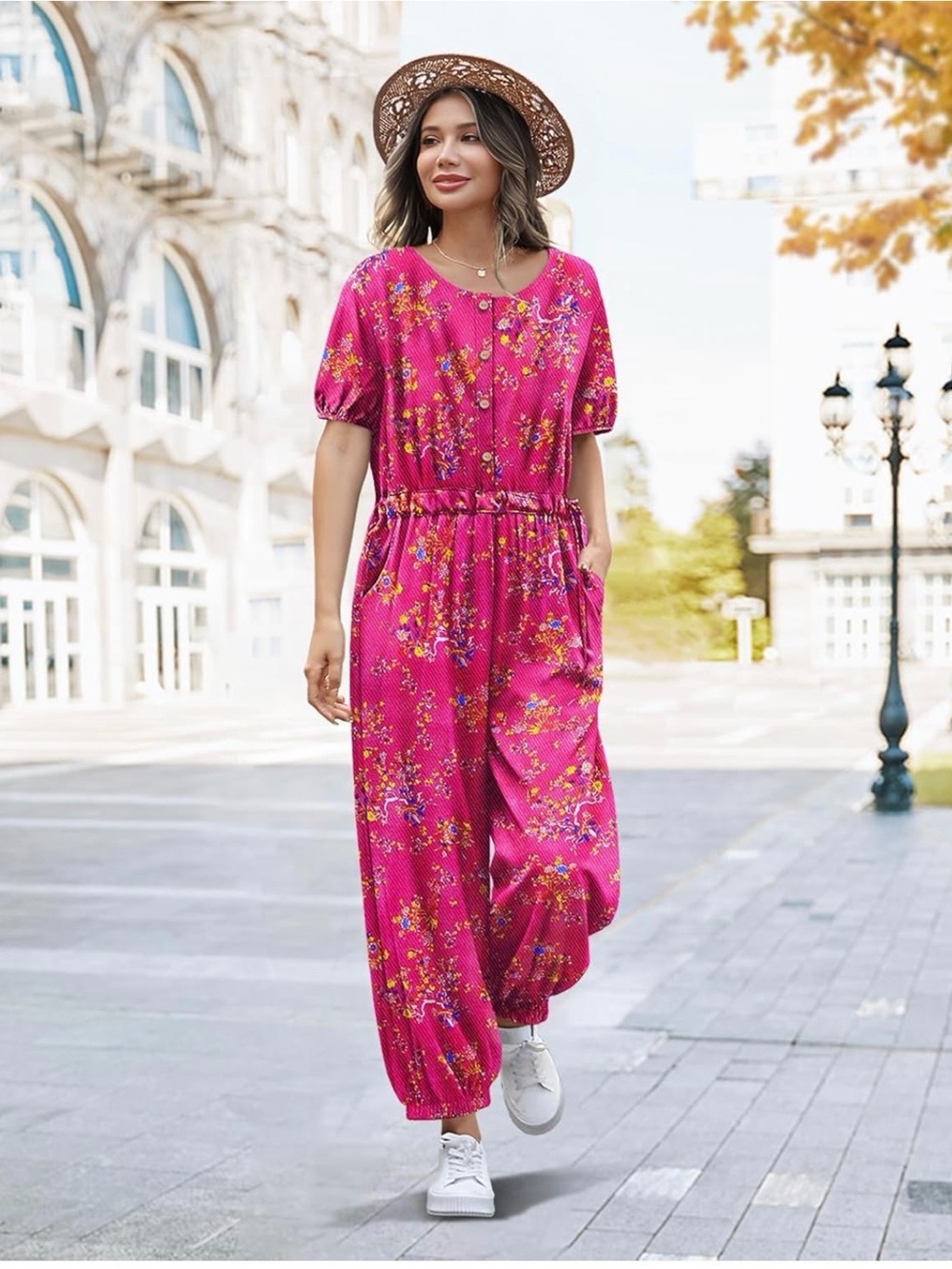 NEW jumpsuit for women casual floral boho cropped drawstring romper short sleeve